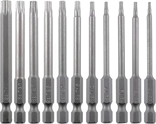 Juego de puntas de destornillador Torx de seguridad, 11 unidades, vástago hexagonal de 14 de pulgada, 3 pulgadas2.953 in de longitud, acero S2,