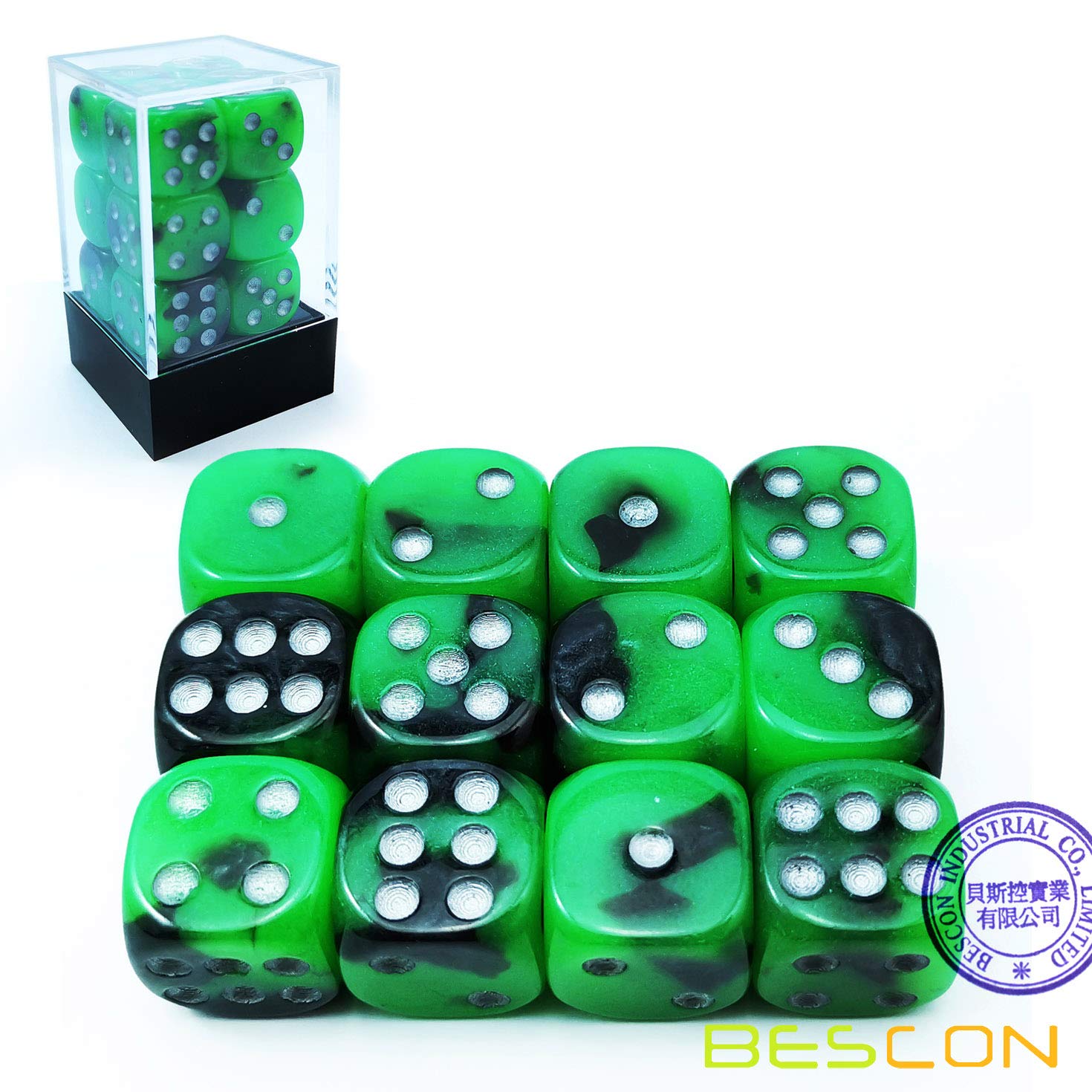 Bescon Dados D6 Que Brillan En La Oscuridad – Set De 12 Dados De Dos Colores (negro Y Verde) De 16 Mm, Perfectos Para Juegos De Mesa Y Rol