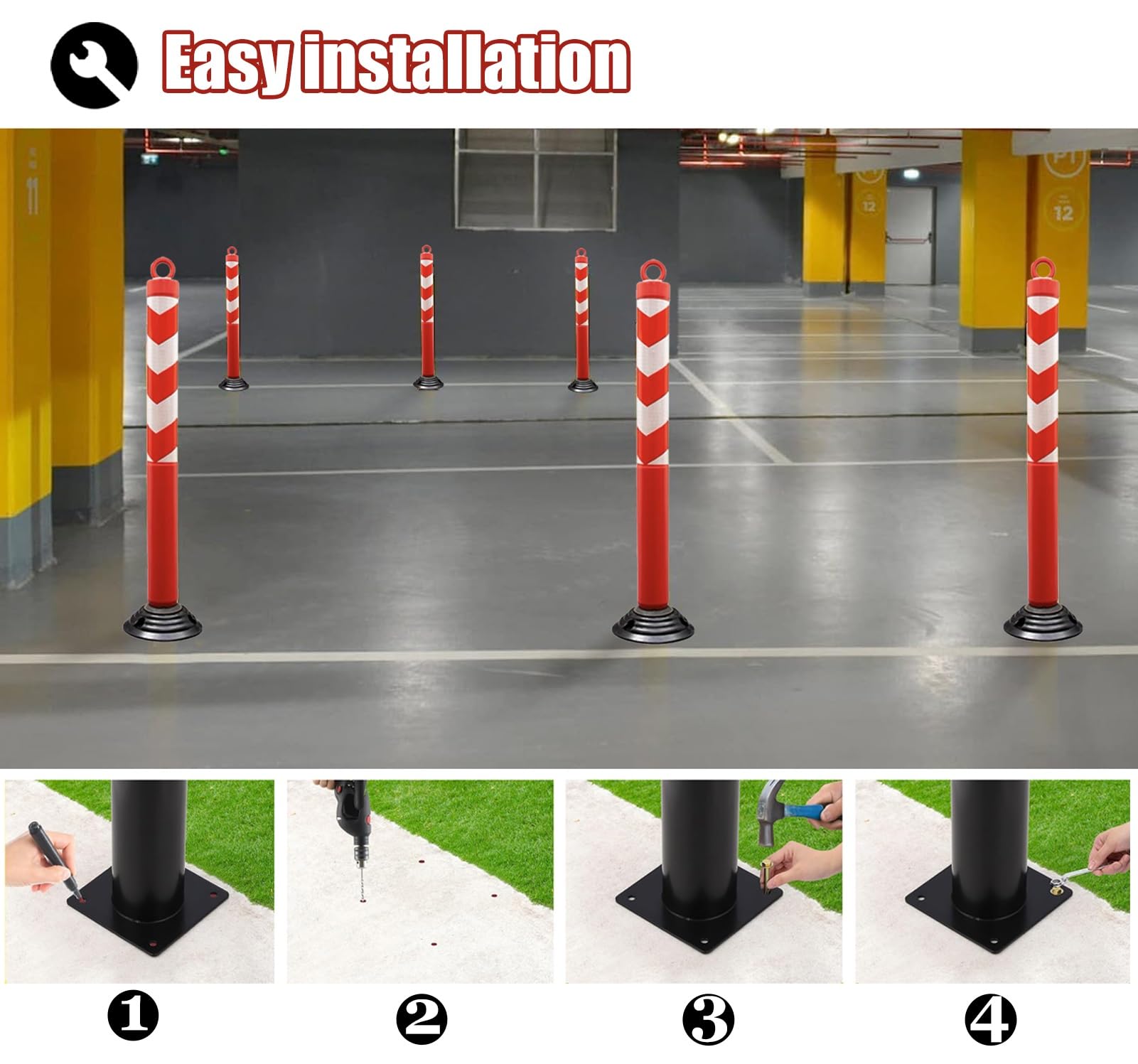 Poste de estacionamiento de plástico, 4 bolardos de seguridad flexibles con cintas reflectantes para delinear el tráfico y precaución del espacio en la carretera