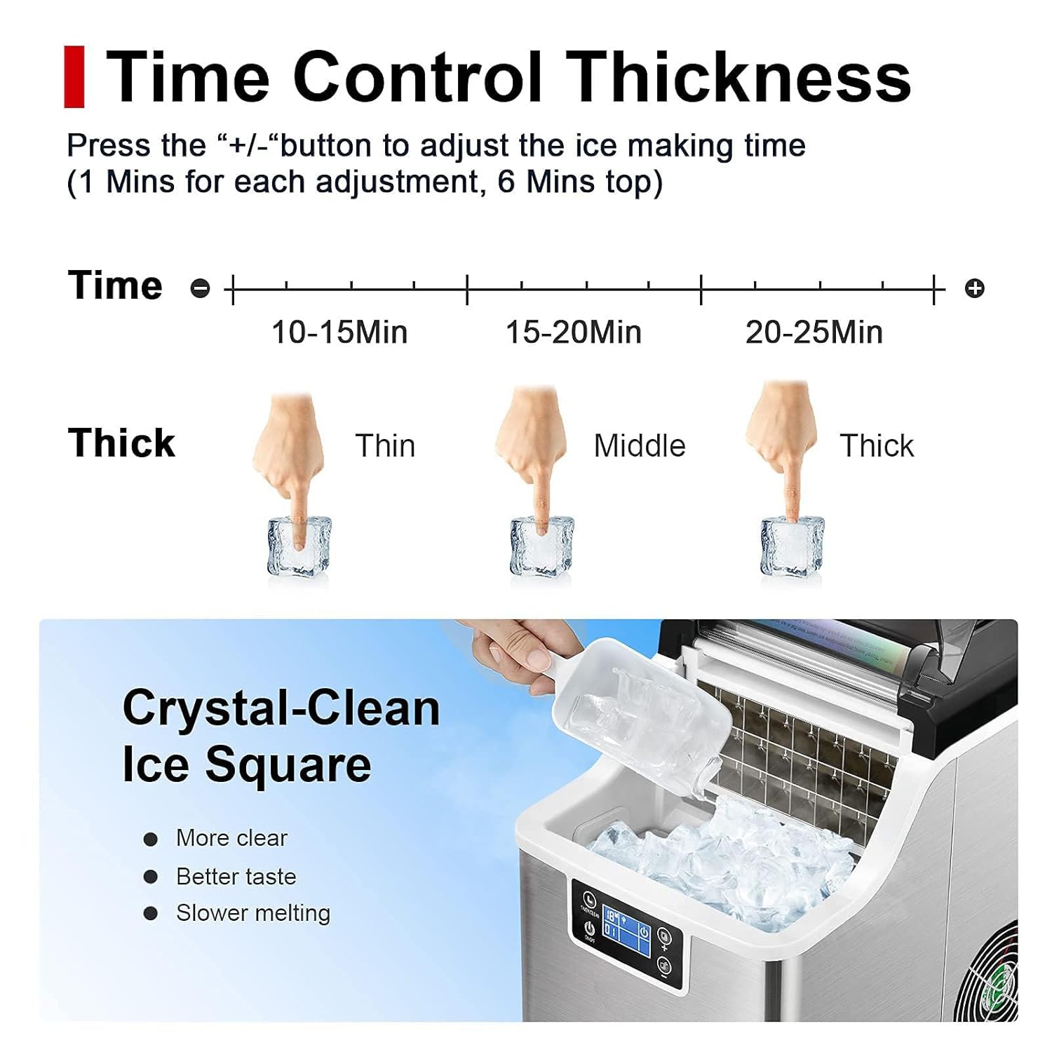 Diagram illustrating how to adjust ice thickness using plus and minus buttons, showing thin, middle, and thick ice cubes.