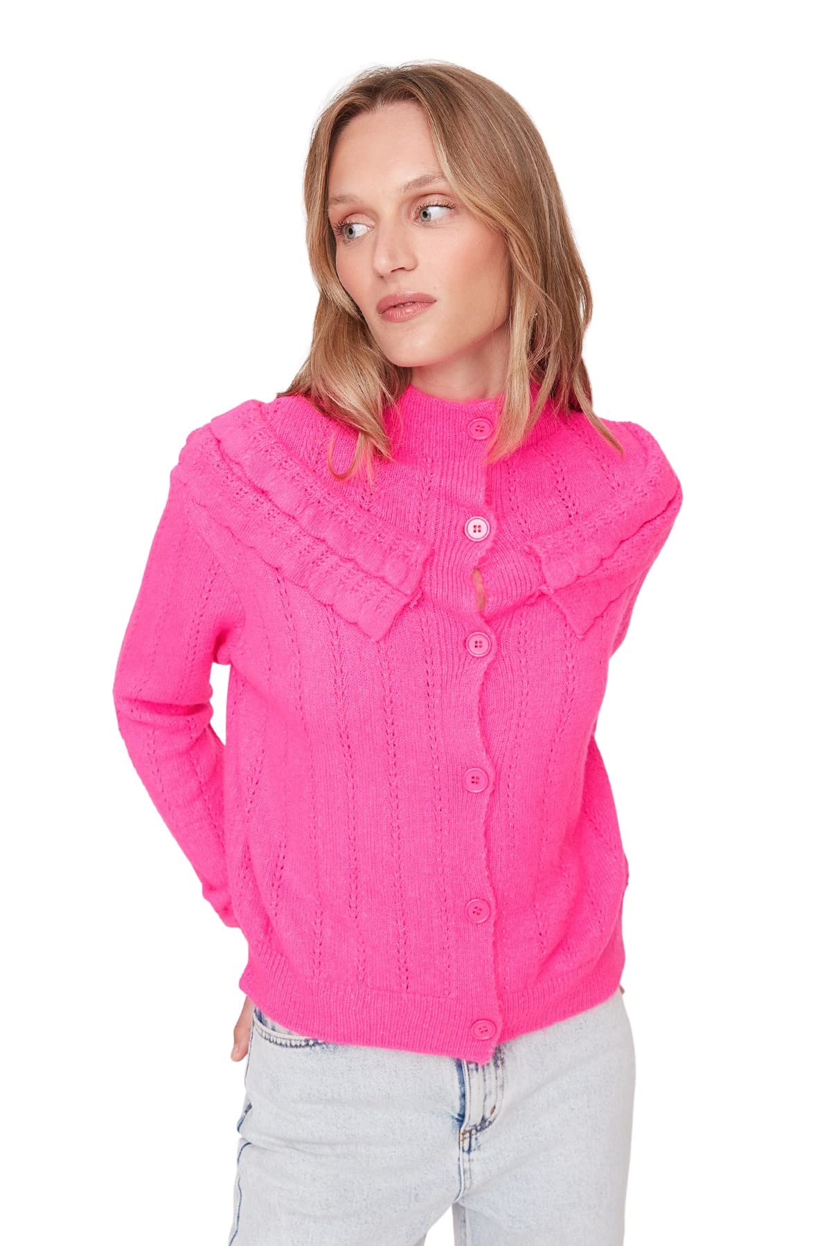 Trendyol Damen Rose Regular Standard V-Ausschnitt Strickwaren Cardigan Pullover, L