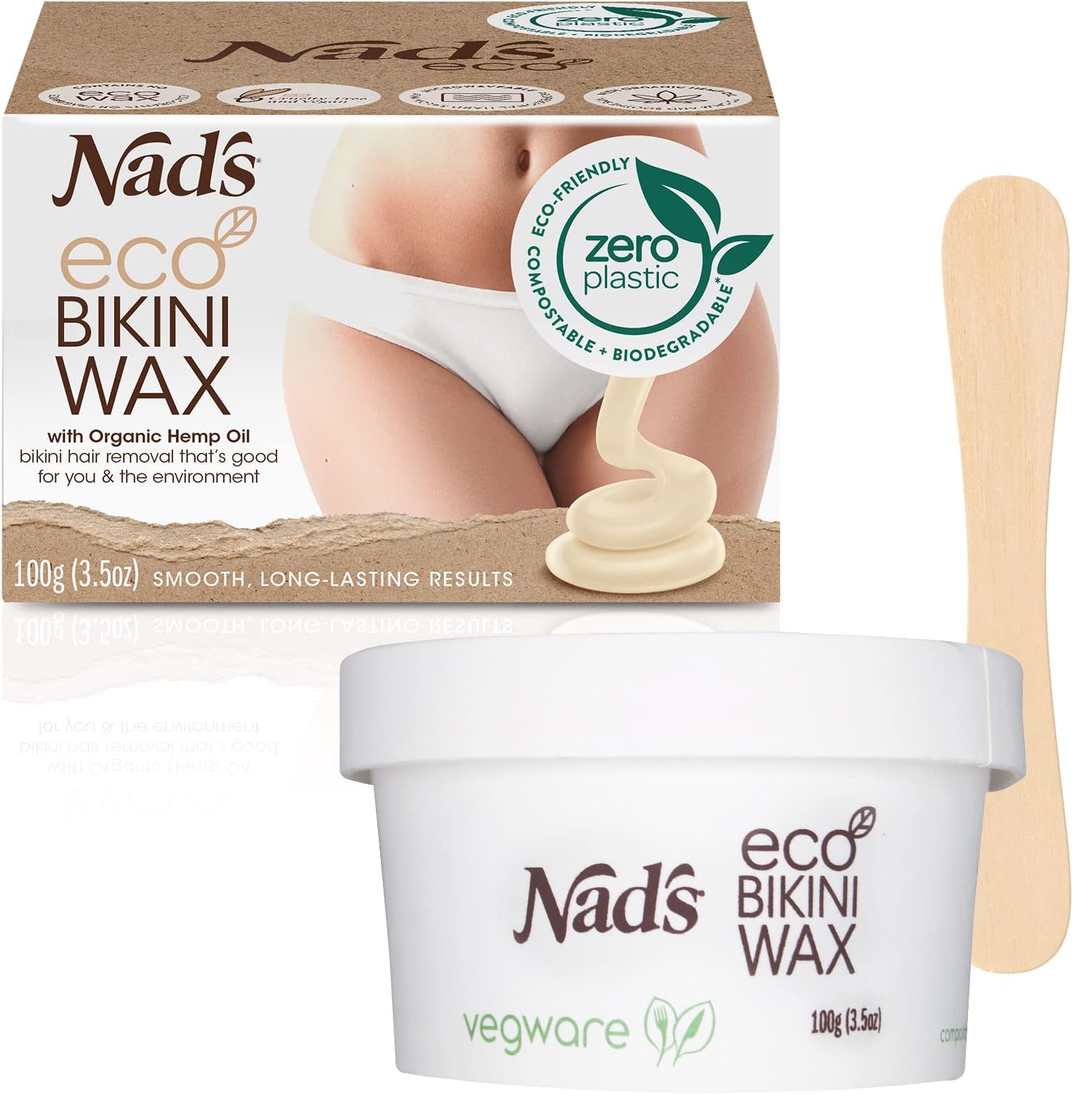 Professional Salon Quality Microwaveable Hard Stripless Eco Bikini Wax, Plastic-Free Vegan Formula Includes 100g Wax & Wooden Spatula