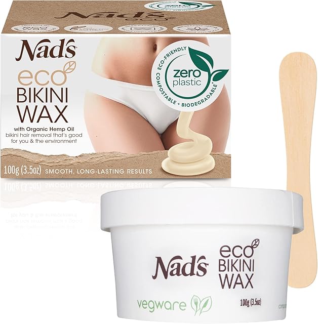 Nad's Eco Bikini Wax, Professional salon Quality Microwaveable Hard Stripless Wax, Plastic Free Vegan Wax, Brazilian Wax Kit, Includes 100g Eco Wax & 1 Wooden Spatula
