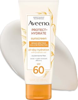 Aveeno Protect + Hydrate Sunscreen Lotion for Body & Face with Prebiotic Oat, SPF 60 Broad Spectrum Sunscreen, Paraben, & Oil Free, Water & Sweat Resistant (80-min) for Sensitive Skin, 3 Fl Oz