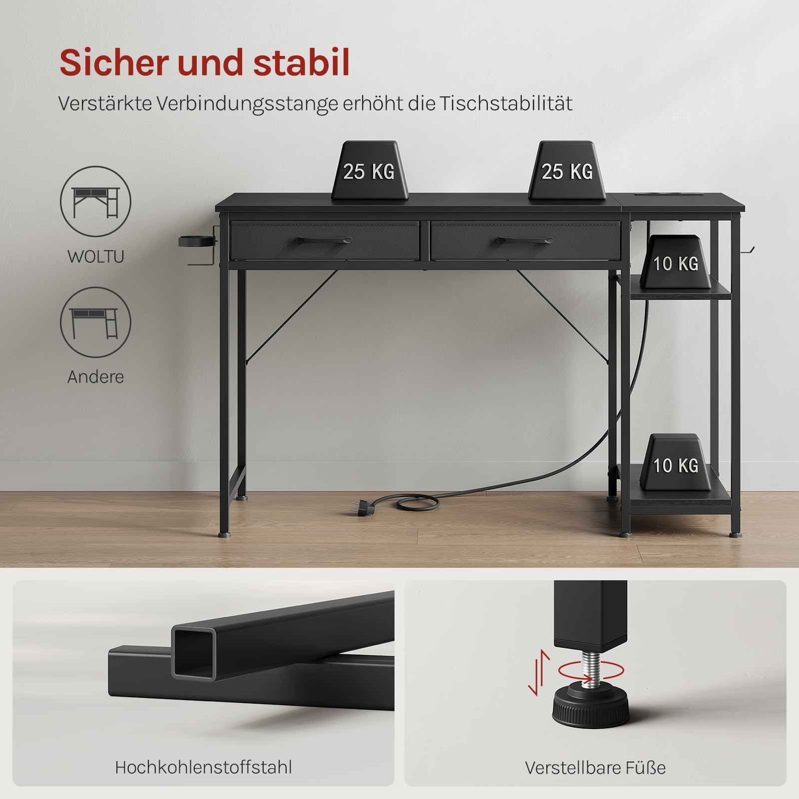 WOLTU Schreibtisch mit 2 Schubladen, Computertisch Schwarz, 120x51x75 cm | 2 Steckdosen, USB- und Typ-C-Anschluss, Kopfhörerhaken & Ablagen, für Homeoffice Schlafzimmer Wohnzimmer