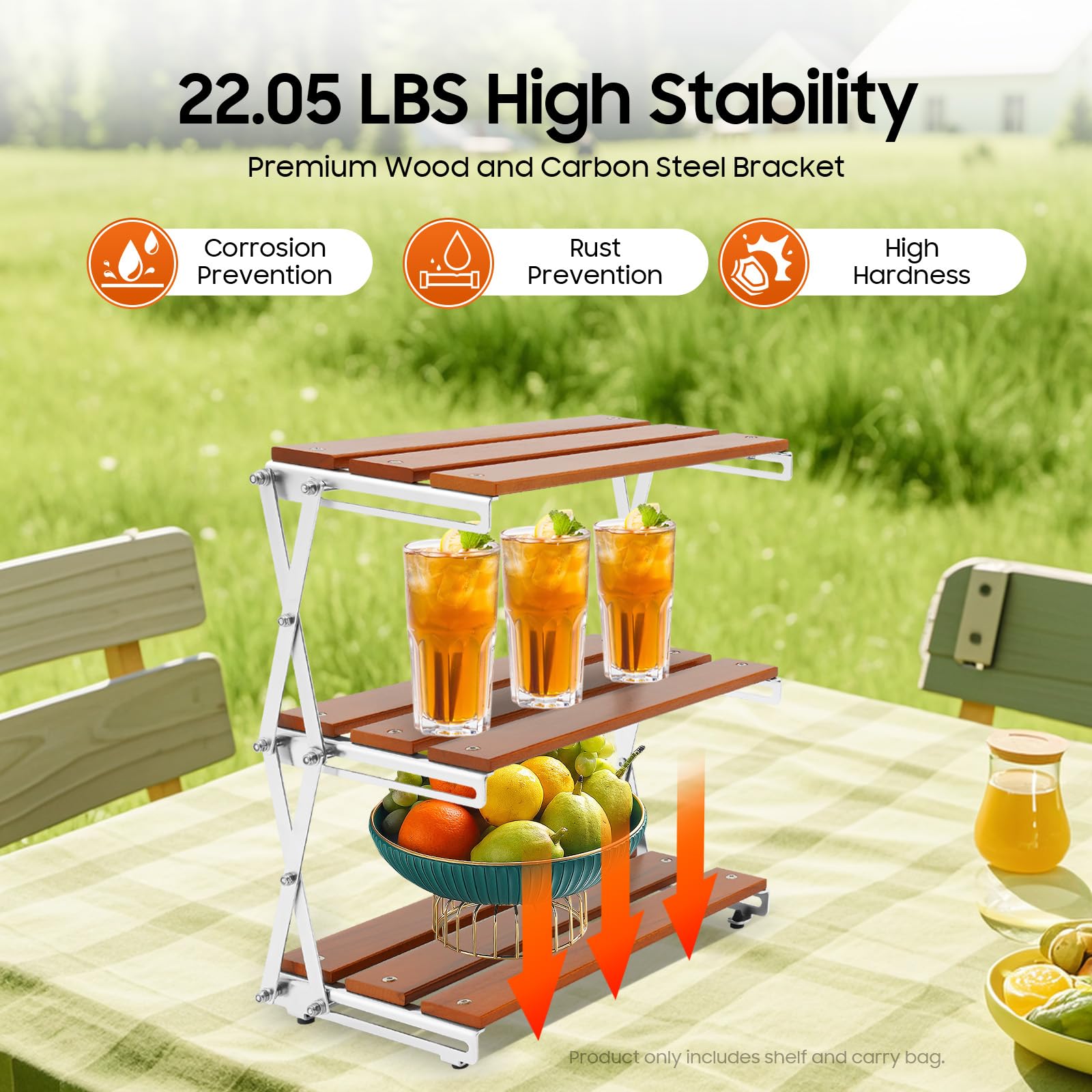 Gagalayong BBQ Shelf, Folding Grill Storage Rack, 3-Tier Wood Desktop Camping Shelves, Metal Foldable Lightweight Storage Shelving Unit (22.05 lbs Load Capacity), Steel Organizer Stand for Outdoor