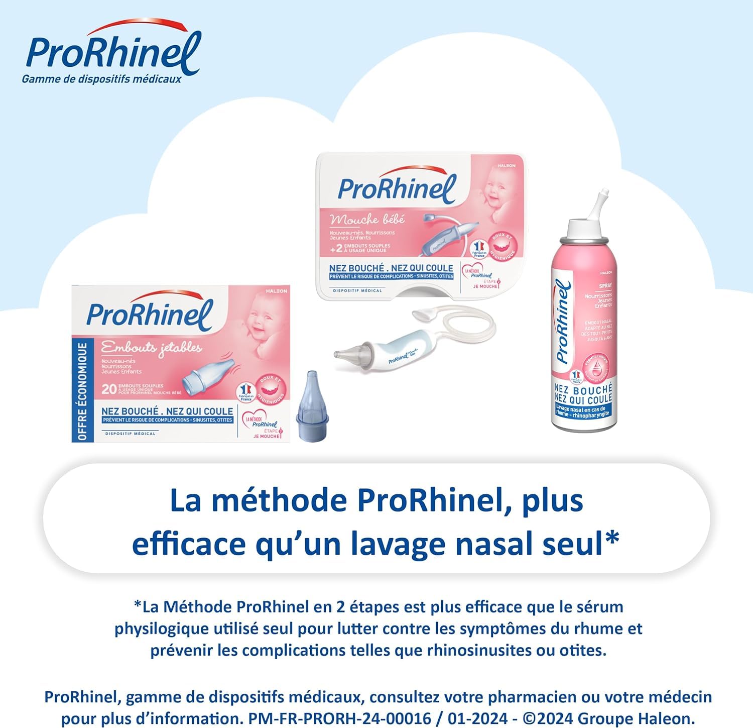 PRORHINEL - Kit Mouche Bébé Manuel + 3 x 20 Embouts Jetables Souples - Lavage Nez Bouché, Nez Qui Coule - Doux & Hygiénique - Facile À Utiliser - Dès La Naissance - Fabriqué En France