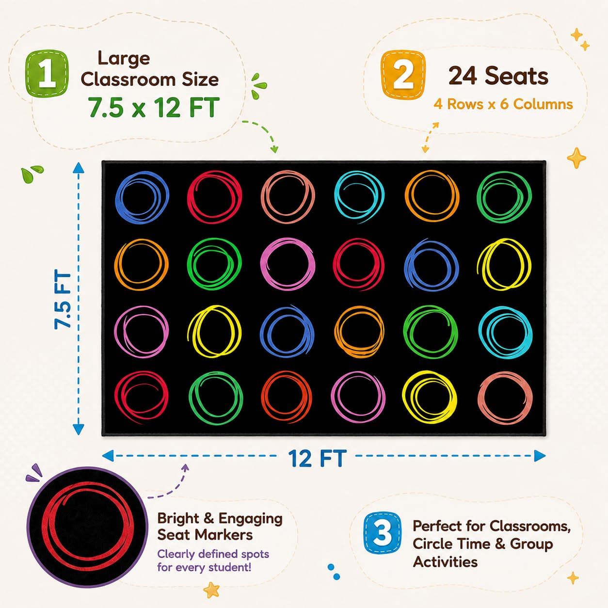 Black Classroom Carpets Playmat Rugs, 7'6"x12' Kids Carpet with Rubber Backing, Colorful Circles Children's Classroom Seating Rug Nursery Rugs for Preschool, Elementary, Classroom- Seats 24 image 2