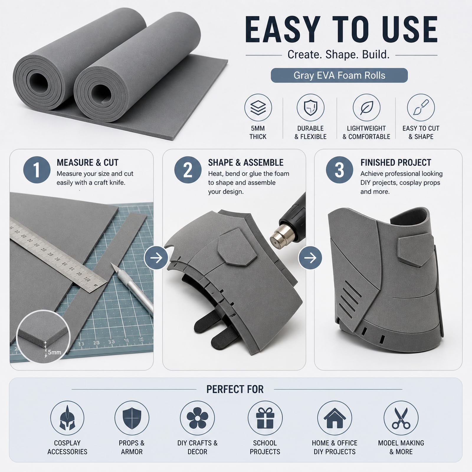 STARVAST 2 Pièces Mousse EVA 5 mm, Eva Foam Gris 33 x 200 cm, Rouleau de Mousse Haute Densité Dureté 38 pour Protection, Bricolage et Découpe