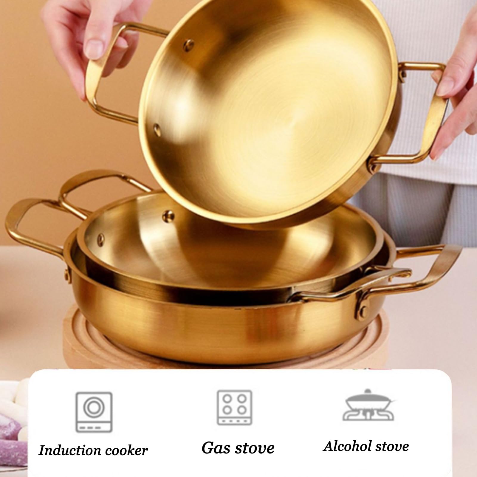 Vnook Edelstahl-Alkoholkocher, Kleiner Hot Pot Kochgeschirr, Spirituskocher Set, Spirituskocher mit Topf, Dry Pot Alkoholkocher, Restaurant Hitzeschutz Spezialtopf, für Haushalt Outdoor(Gold,20cm)