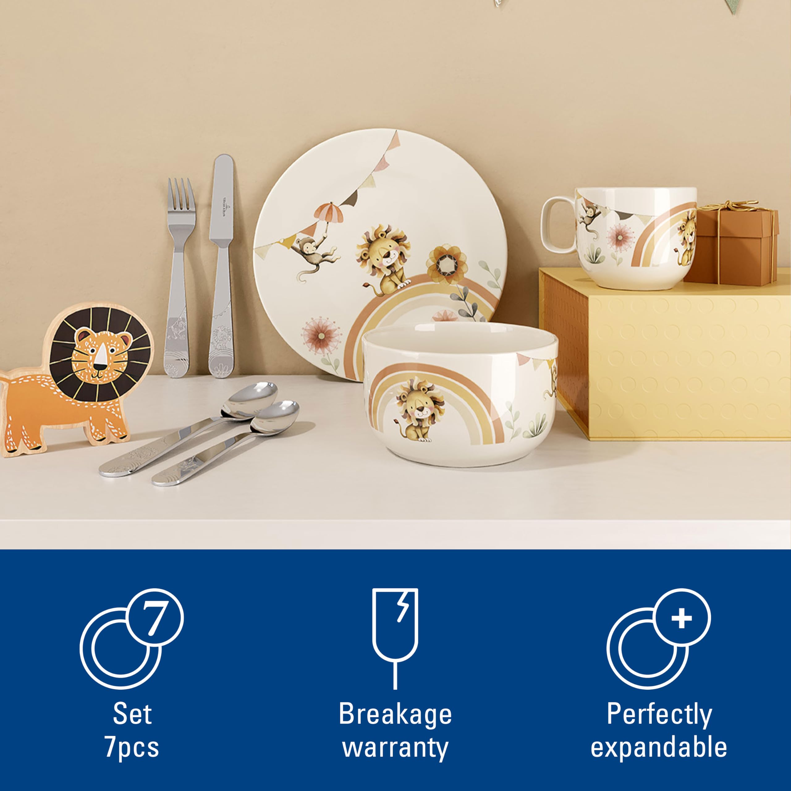Villeroy & Boch - Boho kids "Roar like a lion" Komplet naczyń dla dzieci 7 szt., z porcelany i sztućce ze stali nierdzewnej, Nadaje się do kuchenki mikrofalowej i zmywarki, Wielokolorowy