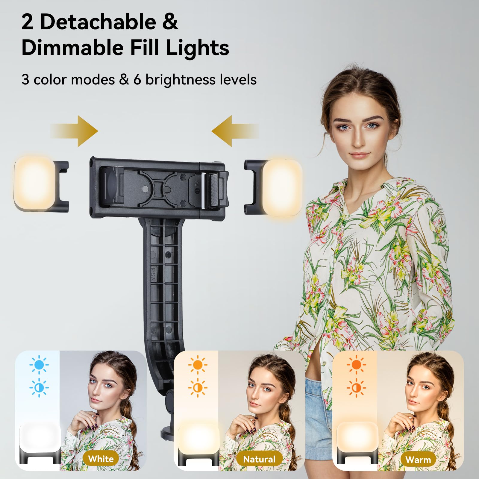 UTEBIT 116CM Trépied Telephone Portable Rétractable avec 2 Lumière, Perche a Selfie, Support de Téléphone avec Télécommande Détachable pour iPhone,Android,Gopro,Appareil Photo