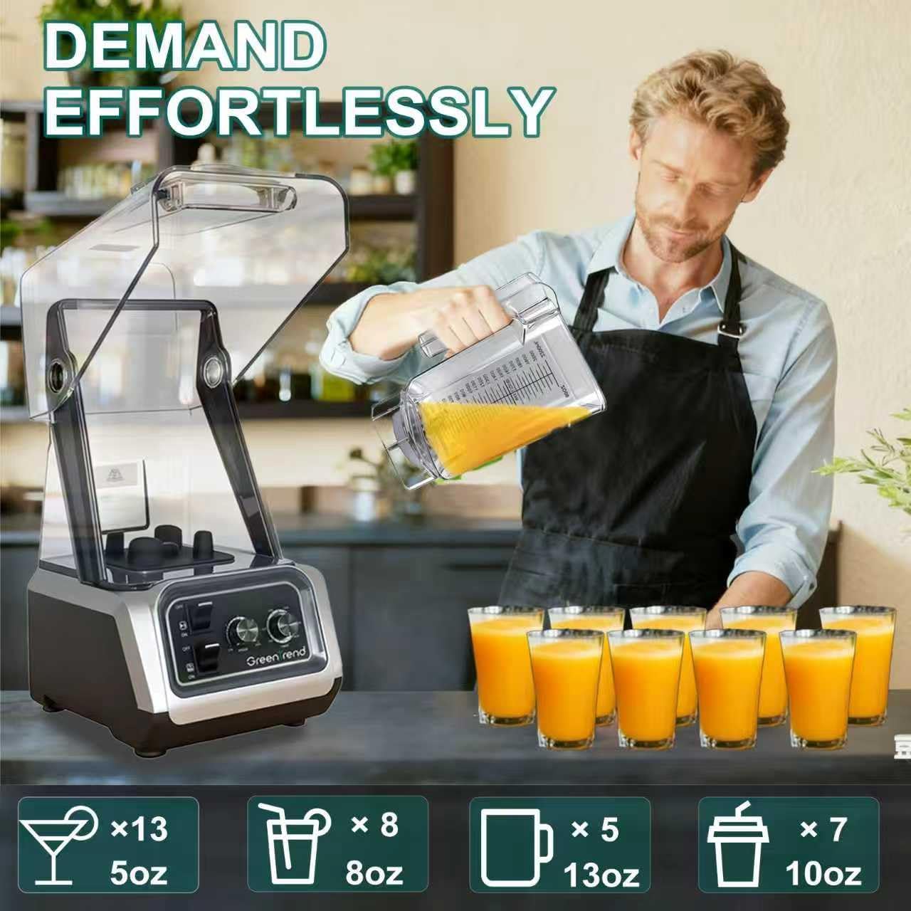 2200W Commercial Blender with Soundproof Enclosure | 80oz BPA-Free Jar | Self-Cleaning & Ice Crush Pro | Quiet Smoothie & Shake Maker for Restaurants, Kitchens, Smoothie Bars (Silver)