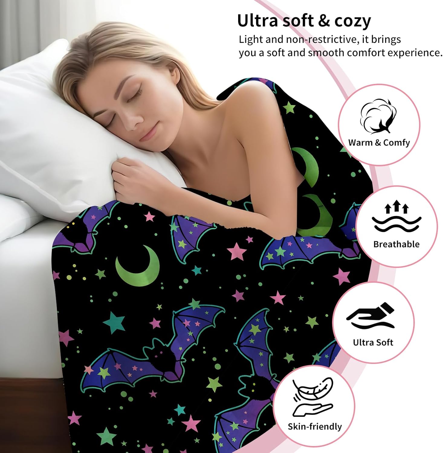 Throw Blanket for Couch, 300GSM Warm Soft Cozy Flannel Blanket, Cute Blanket for All Seasons Bedroom Home Decor Gifts, Halloween Bats Stars 50x60 Inches