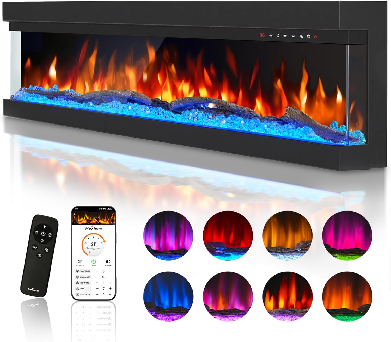 3 Sided Glass Built-in 60" Electric Fireplace - Multi-Color Flames, Heater, DIY Crystal & Log Set, Smart App & Remote Control