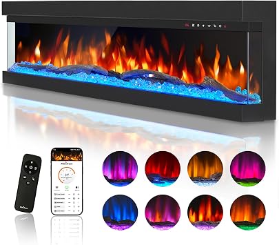 50" 3 Sided Glass Built-in Electric Fireplace - Multi-Color Flames, Heater, DIY Crystal & Log Set, Smart App & Remote Control