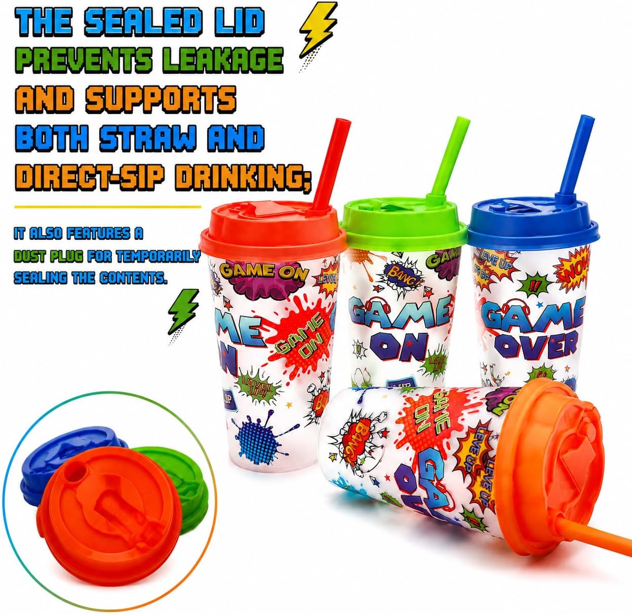 24 Pcs Video Game Party Favors 16oz Plastic Cups with Lids and Straw image 3