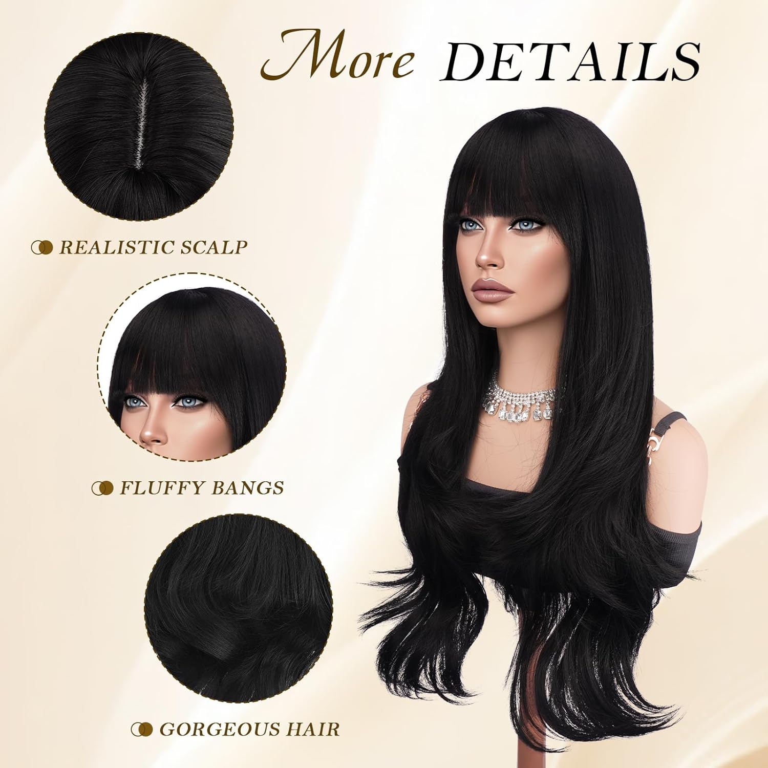 Haloo Black Wigs with Bangs - Long Layered Natural Looking Synthetic Heat Resistant Wavy Hair Wigs for Women Daily Party, 26 Inch - Image 3