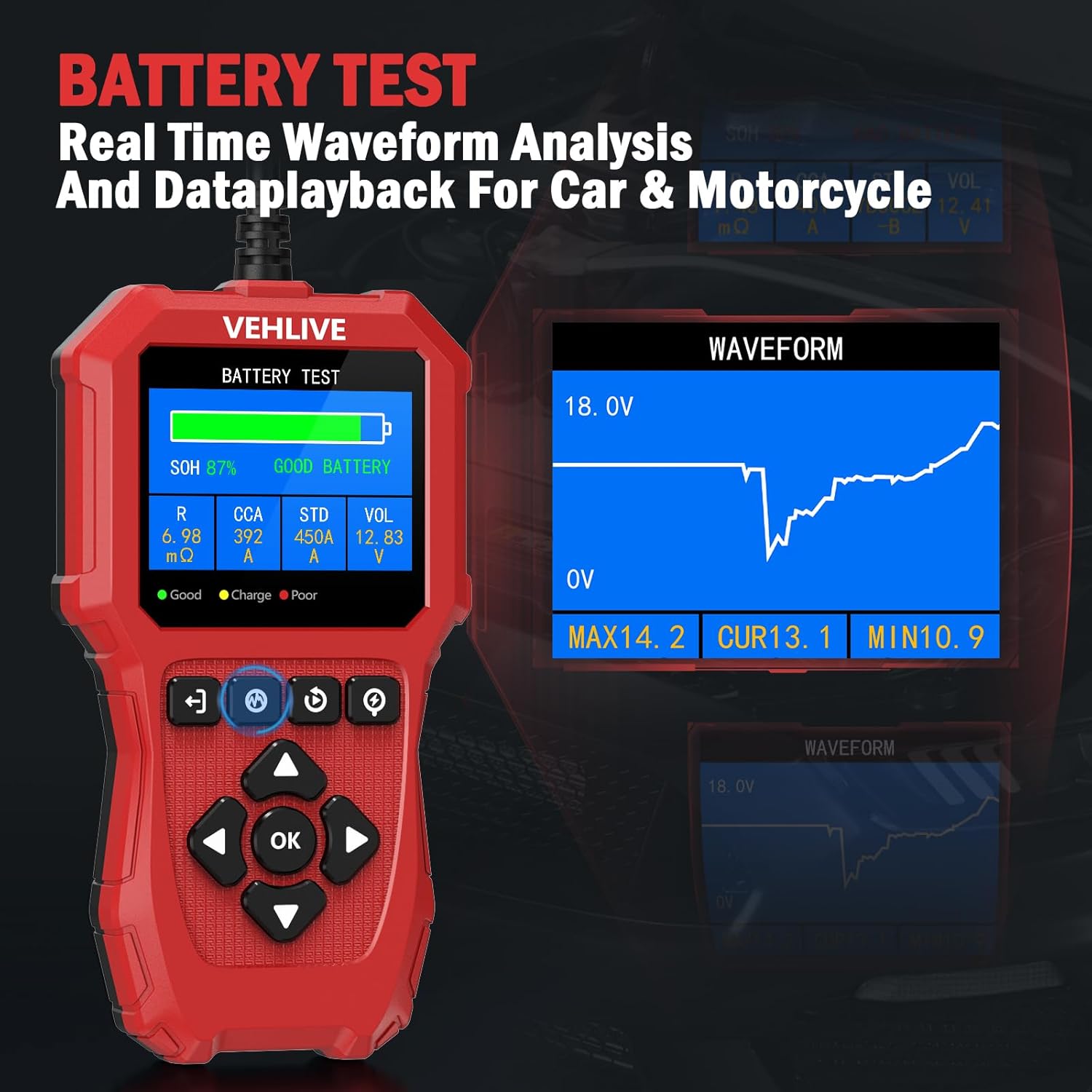 VEHLIVE BT910 displaying battery test results and waveform analysis