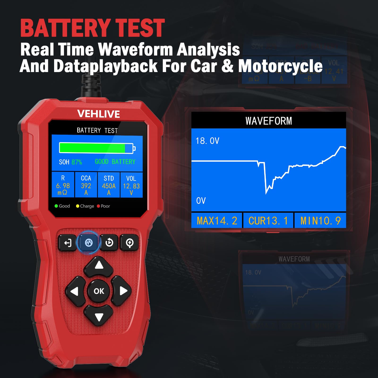 BT910 5-3000CCA Comprobador de batería para coche 6V/12V con probador de batería de litio, probador alternador automático para sistemas de carga y arranque
