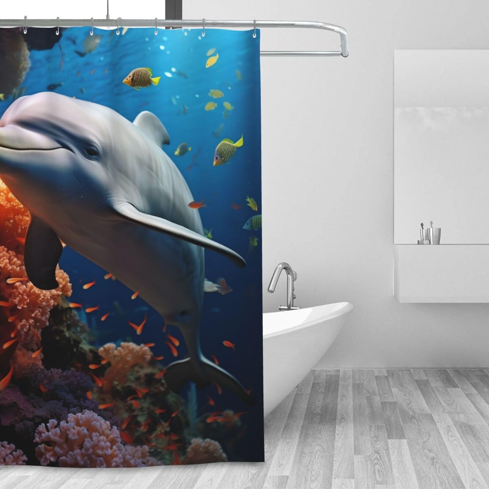 Rideau de douche imperméable motif dauphin 183x183cm lavable en tissu moderne avec 12 crochets