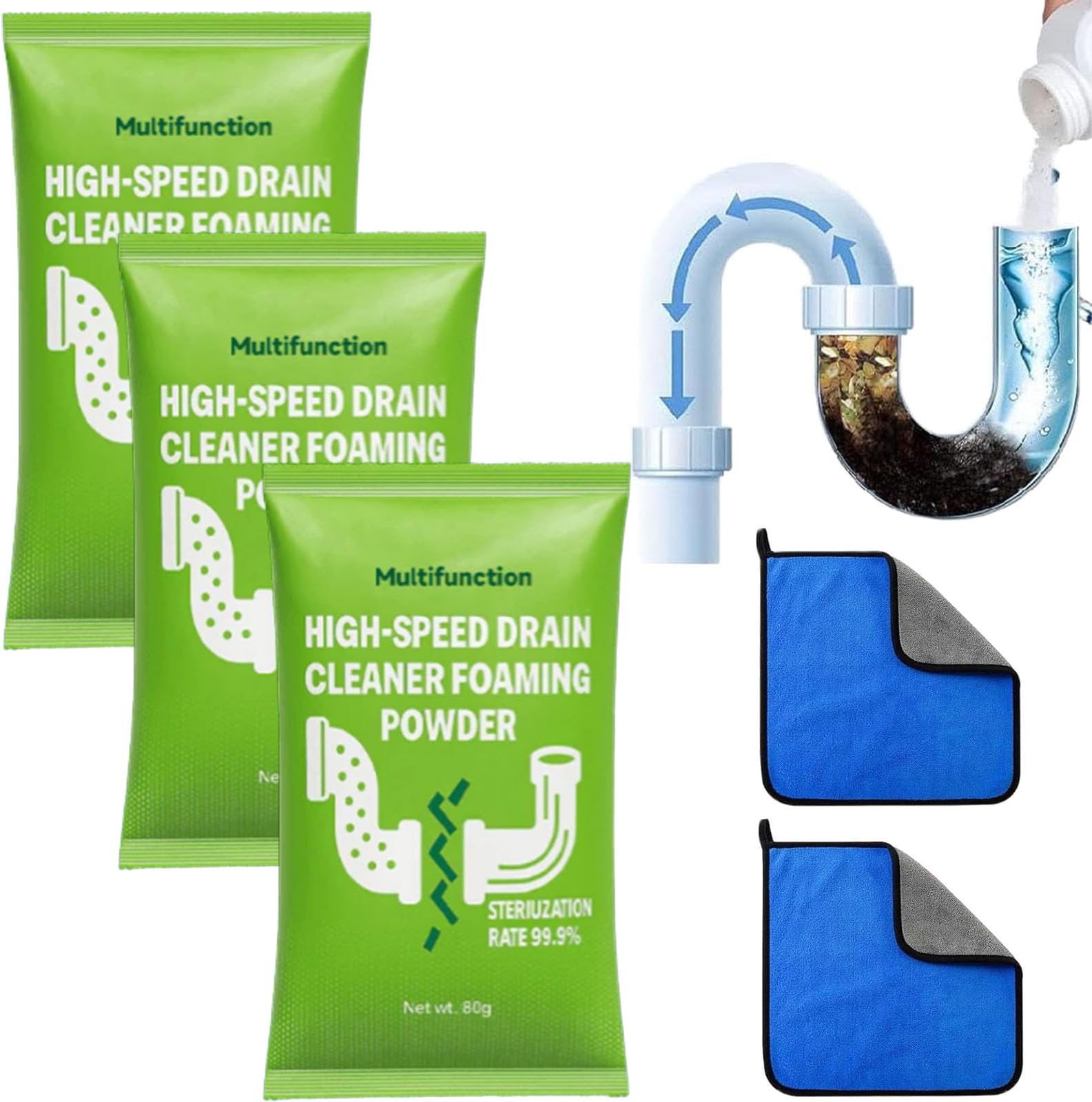 High Speed Drain Cleaner Foaming Powder, Powerful Pipe Dredging Agent, Unclogger Powerful Sink and Drain Cleaner Powder for Kitchen Quick Cleaning (3 pcs)