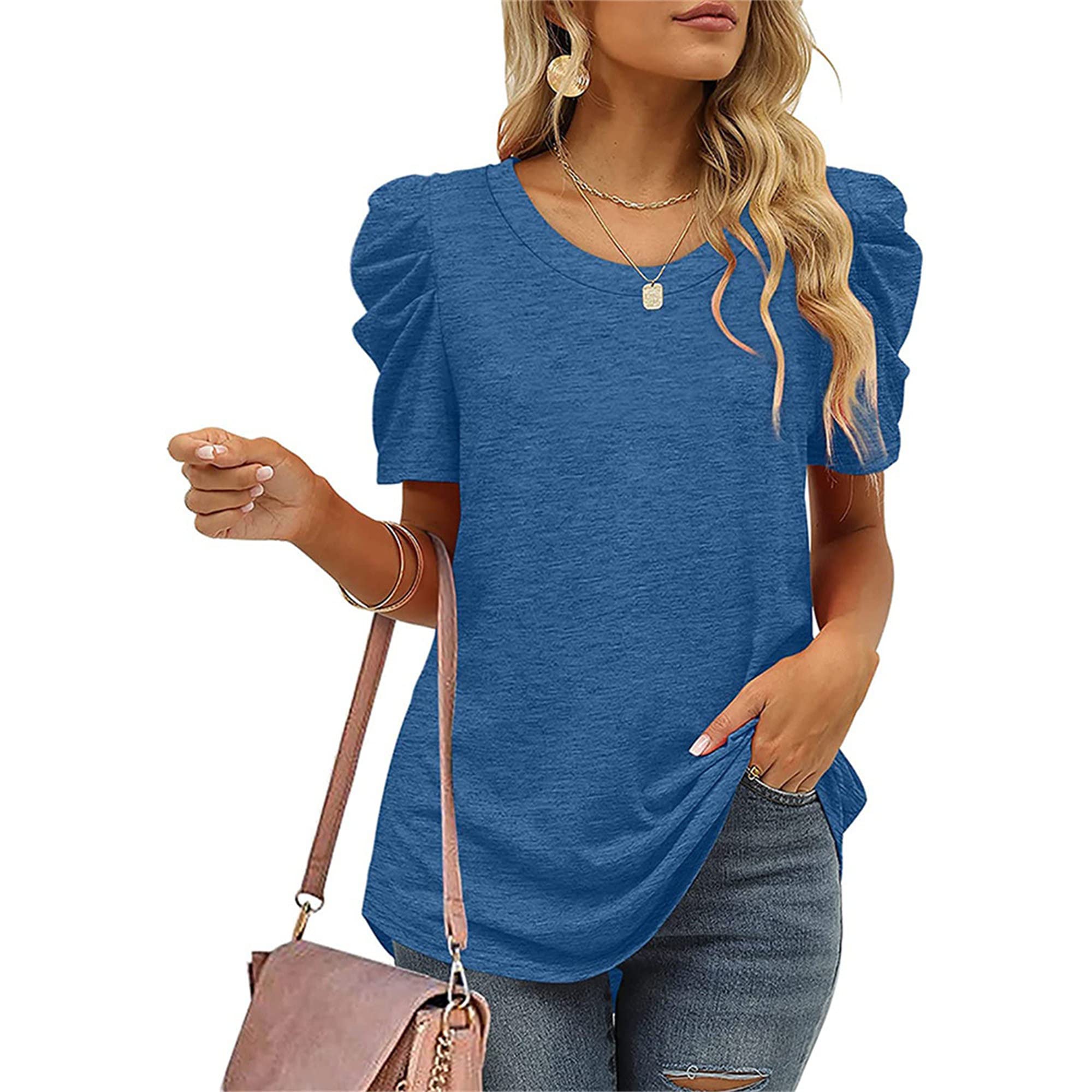 Womens Casual V Neck T Shirt Puff Sleeve Tops Ruched Elegant Shirts Loose Fit Dressy Pullover Blouse Tops (Small,Blue)