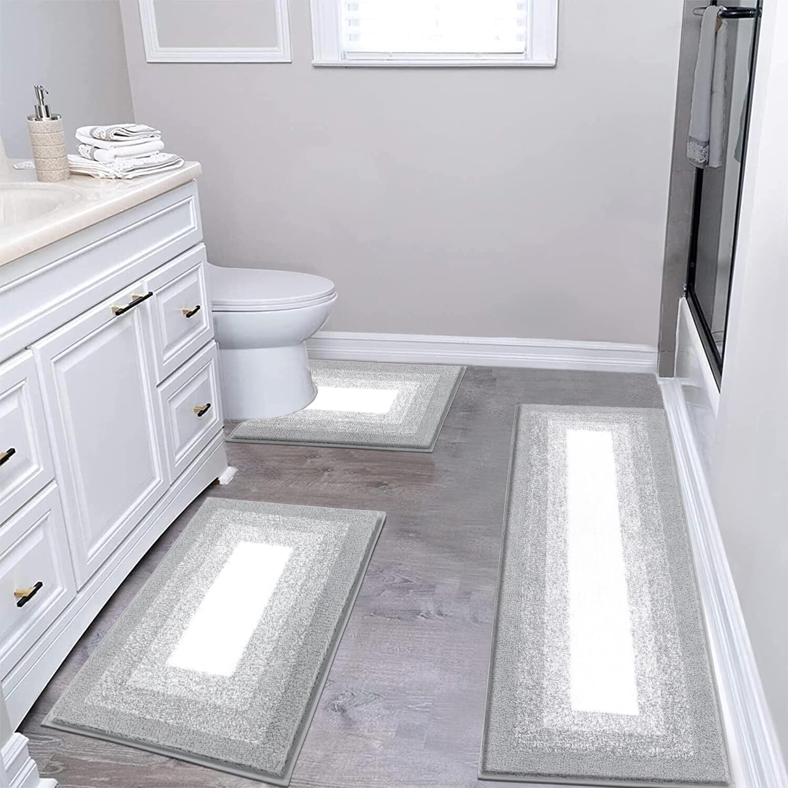 Bsmathom Bathroom Rug Set 3 Piece, Non-Slip Plush Shaggy Bath Mat, Soft Shaggy Absorbent Polyester Bath Rugs Machine Washable Bath Mat with U-Shaped