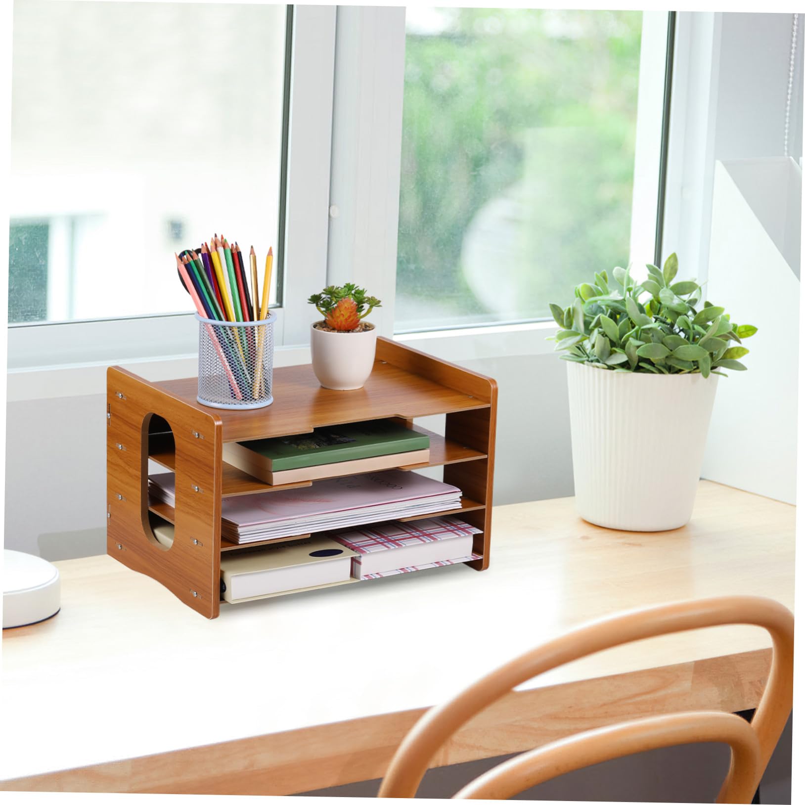 VILLCASE Organizador de Archivos de Madera Bandejas de Escritorio para Oficina Diseño Vertical 4 Capas Estructura Estable para Documentos y Papeles en Hogar u Oficina