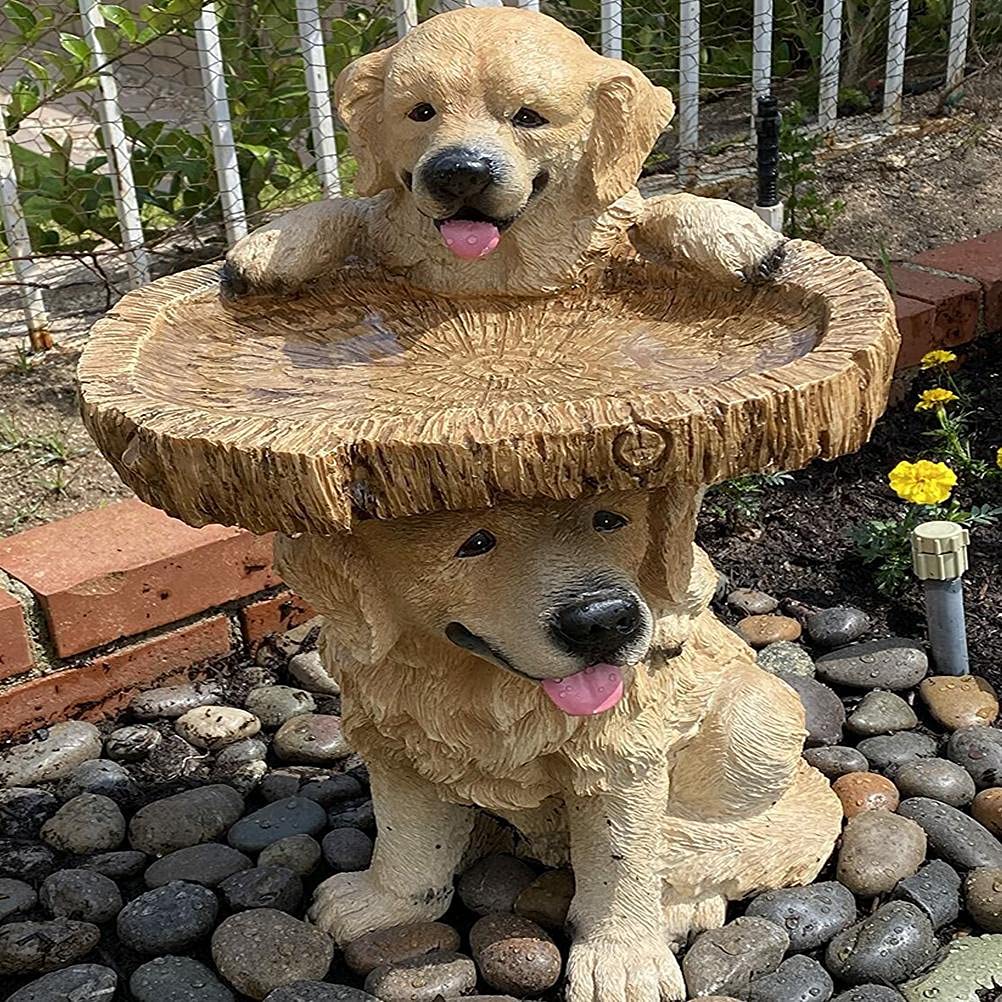 NOENNULL 7 Bird Bath for Outside Two Playful Golden Retriever Puppies Resin Birdbath Hand Painted All Weather Wood Look Resin Landscape and Garden Accent - Image 3