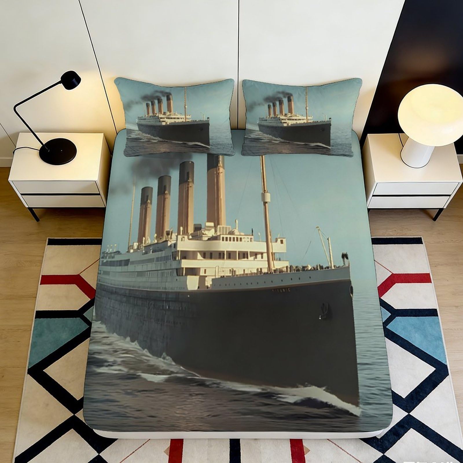 3D Printed Titanic Ocean Fitted Sheet Microfiber Anti-Slip Easy Care Ship Mattress Cover Bedroom Decor 90x200x25cm