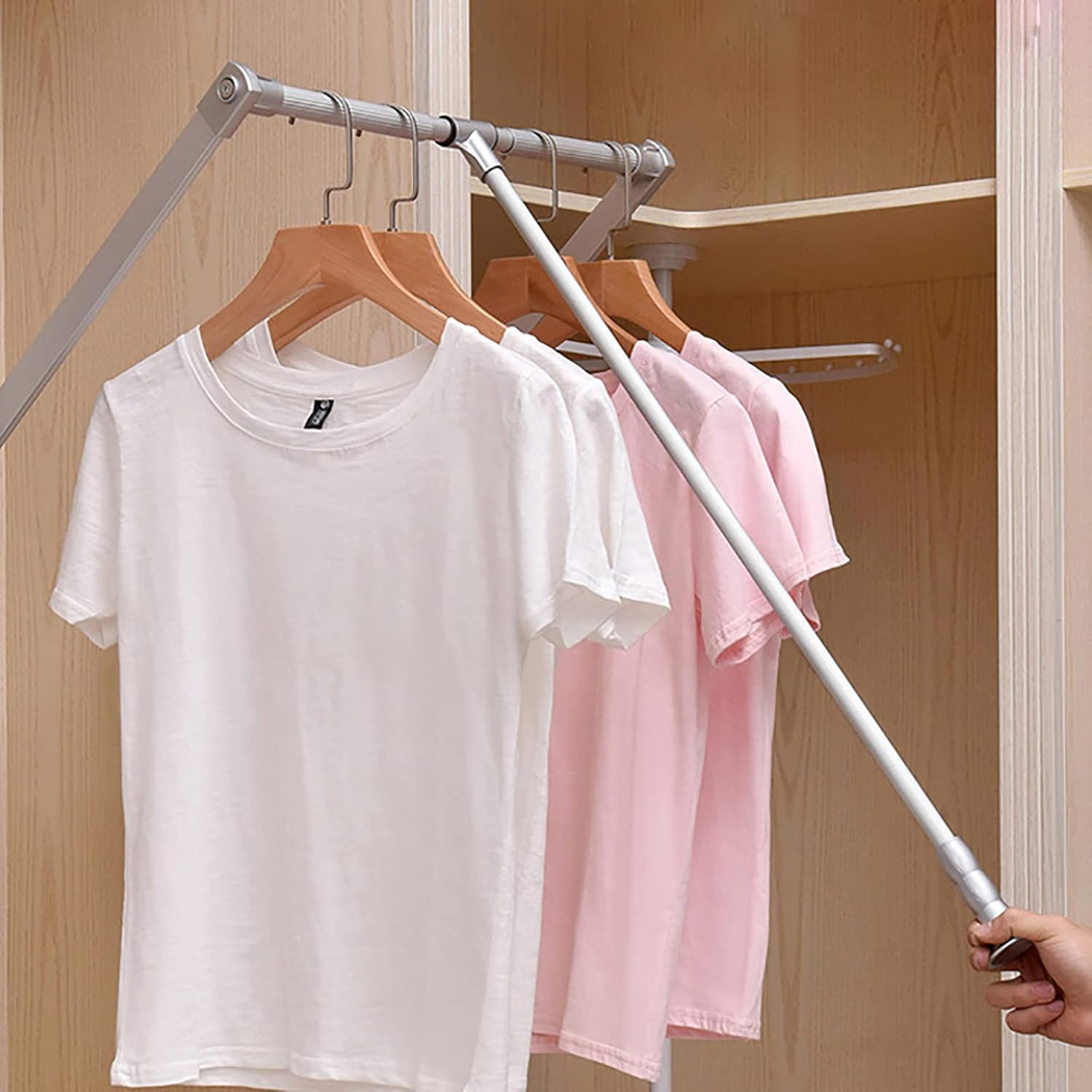 Pull Down Wardrobe Rail Lift Clothes Hanger Organizer Storage System Soft Return Space Saving Pull Down Closet Rods Hanger,Silver,35to47in