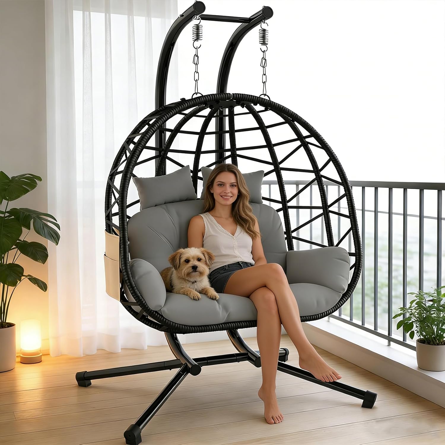 Suteck Double Hanging Egg Chair with Stand, Indoor Outdoor 2 Person Wicker Egg Swing Chair with Cushion, 700lbs Capacity for Patio, Bedroom, Garden - Black