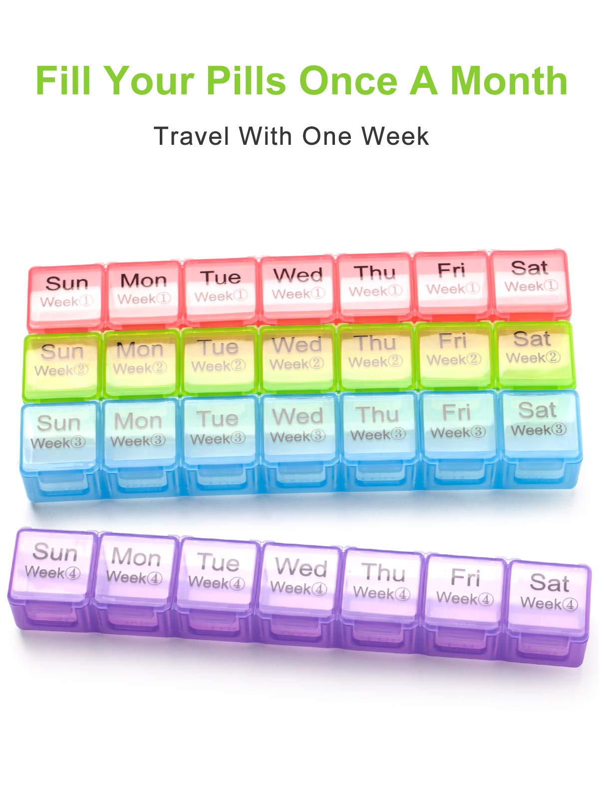 Grand pilulier mensuel de 28 jours de stockage par semaine, compartiments extra larges anti-poussière pour médicaments Rappel de médicaments Conteneur de voyage pour vitamines/huile de