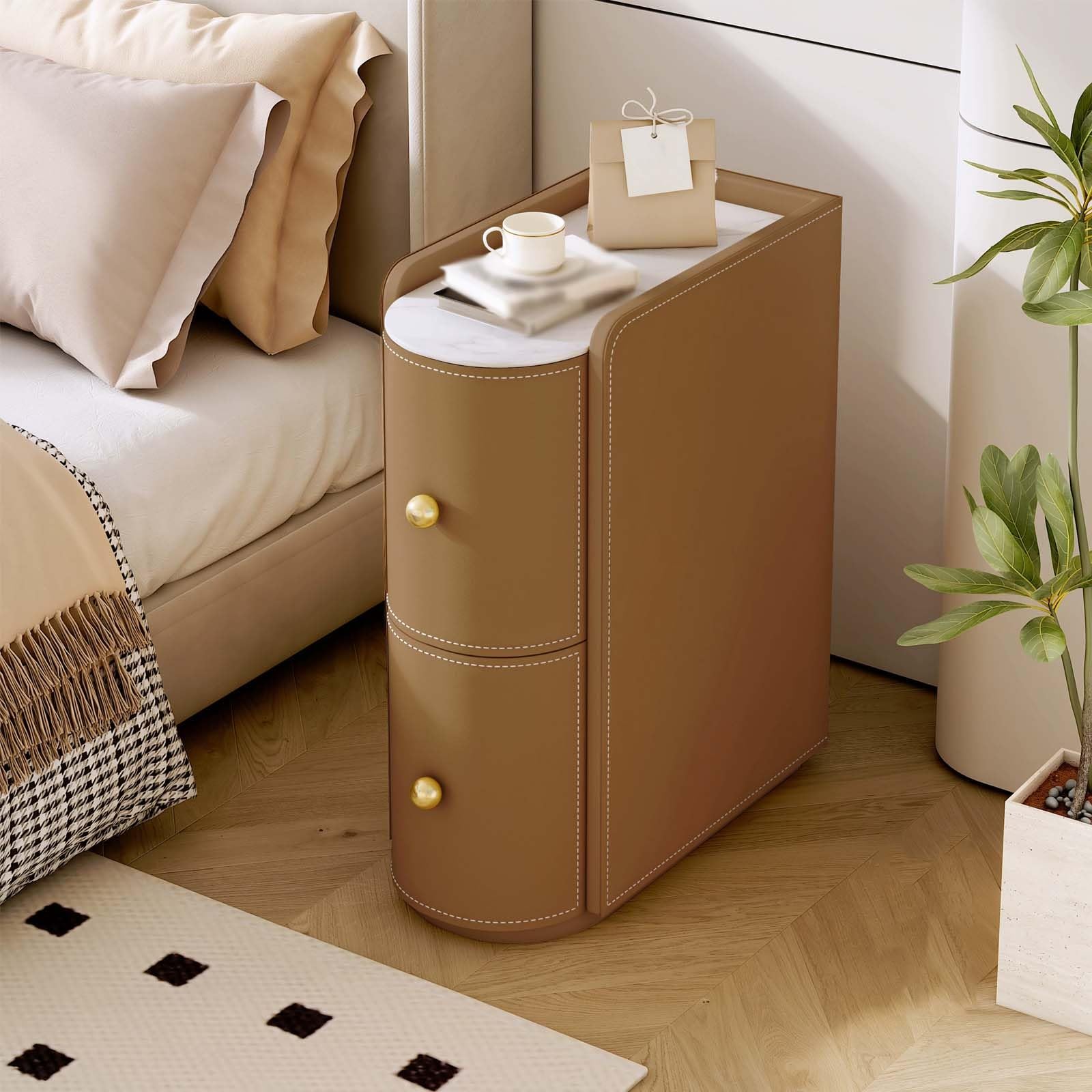 Comodino Moderno e Stretto, Piccolo Comodini con 2 Cassetti | Tavolino in Legno con Lastra di Roccia e Pu Pelle per Camera da Letto e Soggiorno