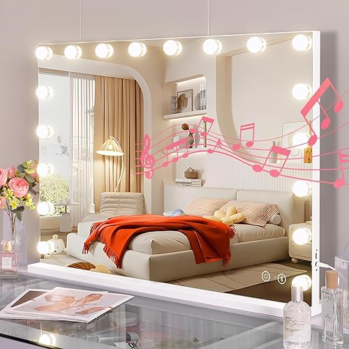 Fenair Espejo de tocador grande con luces y altavoz, espejo de maquillaje iluminado Hollywood con base resistente, 18 bombillas LED regulables, 3