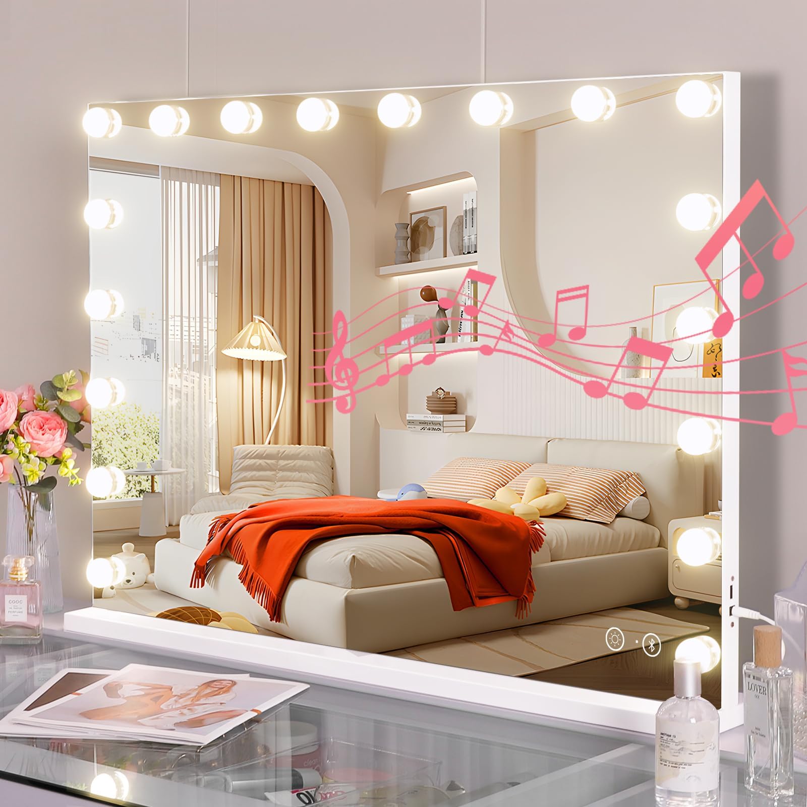 Fenair Large Vanity Mirror with Lights and Speaker Hollywood Lighted Makeup Mirror with Sturdy Base, 18 Dimmable LED Bulbs, 3 Light Colors, USB Charge Port