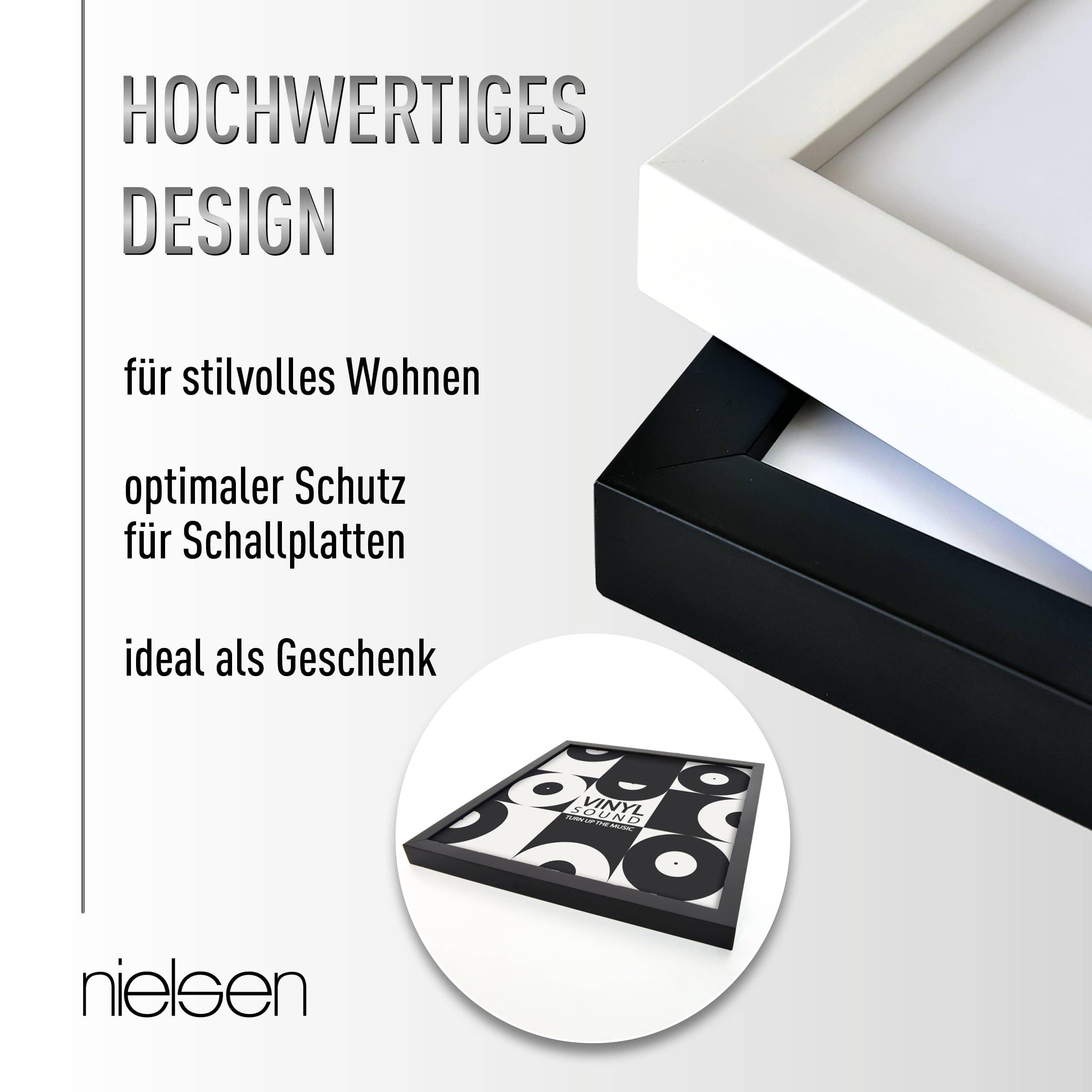 nielsen Schallplatten Rahmen, 31,4 x 31,6 cm (3er Set), Holz, Schwarz, Vinyl Rahmen zum Aufhängen im Hoch- & Querformat, bruchsicheres Kunstglas, Vinyl Holz