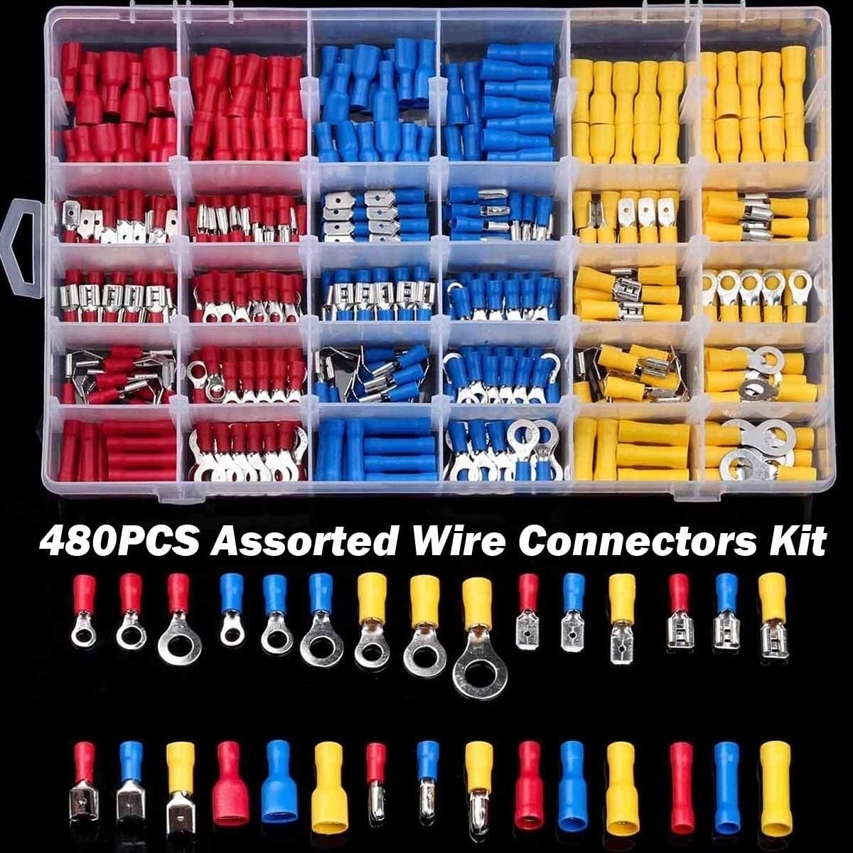 Cosses Tubulaires,Cosse Ronde 280/48 0PCS Assortiment Spade Spade Butt Bague Bague Fourche Bague Câbles Roulés Terminaux Câble Électrique Connecteur de sertissage + Stripper à fil(480PCS Plier)