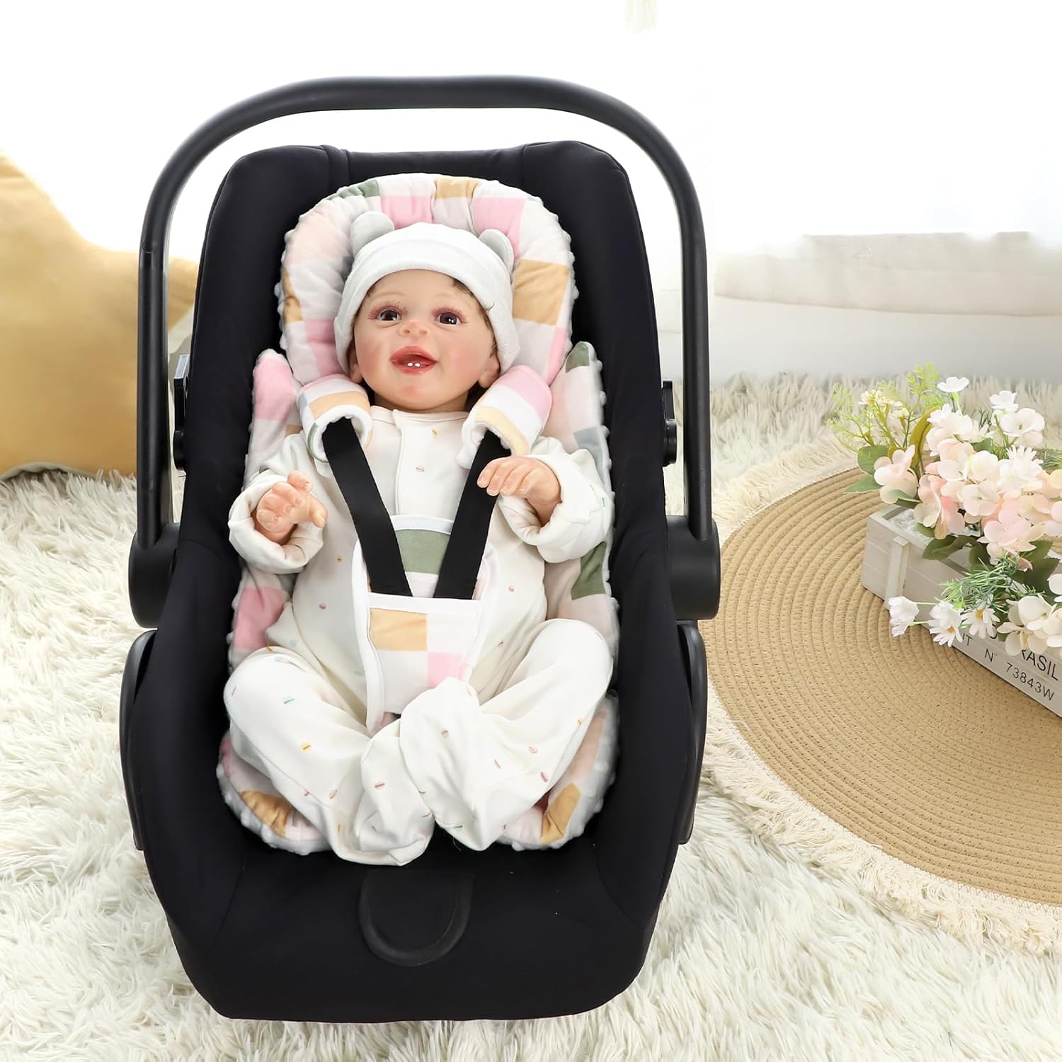 DILIMI Infant Car Seat Insert, Baby Car Seat Head Support with 3 Strap Paddings, Soft Newborn Car Seat Cushion for Stroller, Swing, Bouncers, Colorful Checkered