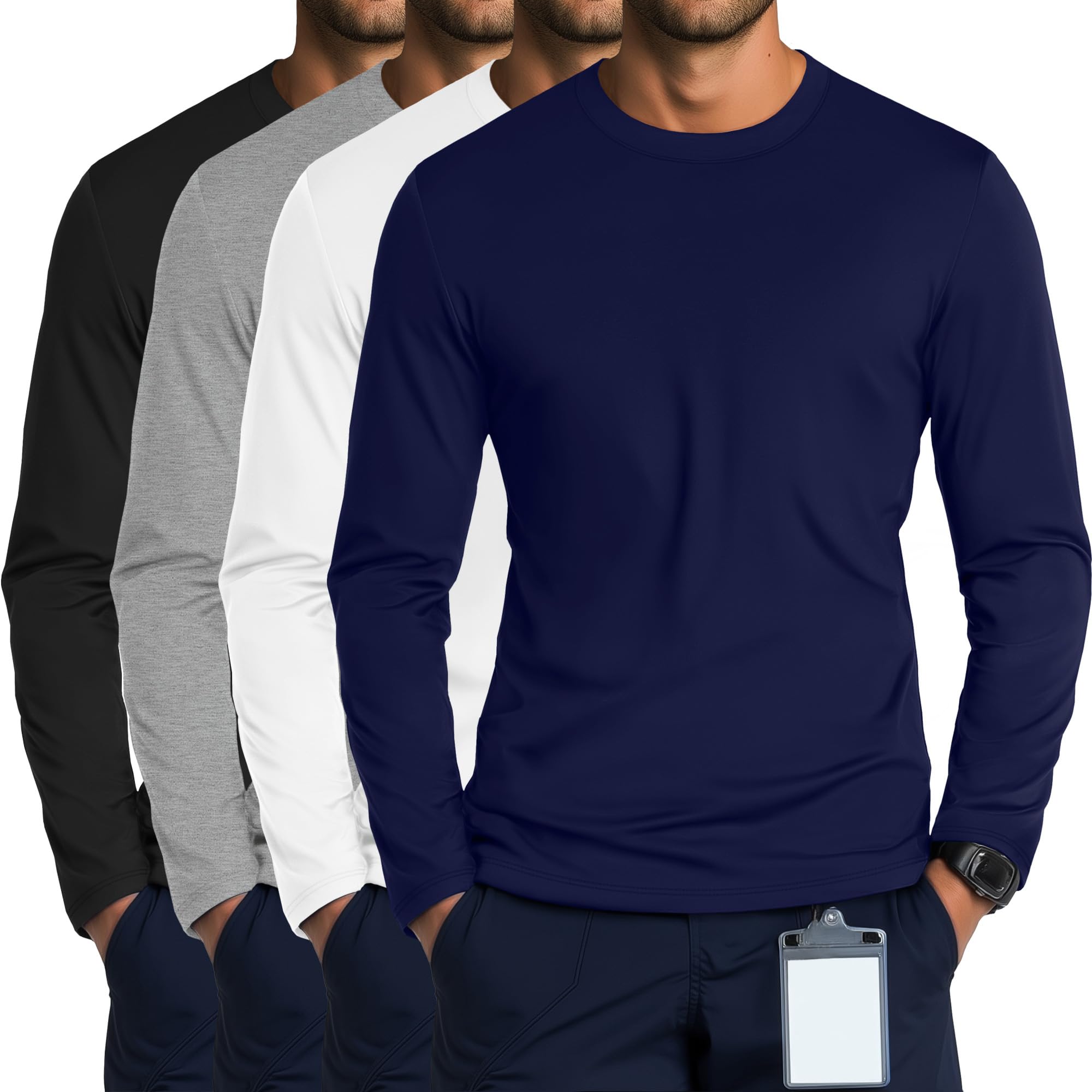 August Alley 4 Pack Men's Long Sleeve Crewneck Underscrub Tees