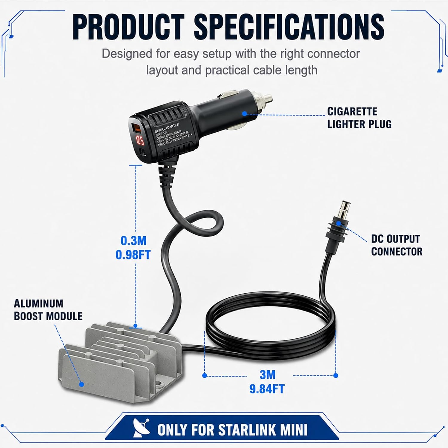 Starlink Mini Car Adapter 105W, Reduce Reboots While Driving | Starlink Mini 12V Power Adapter with USB-A & USB-C, Stable 30V Power Supply, Voltage Display for RV, Truck, Boat, 9.8FT