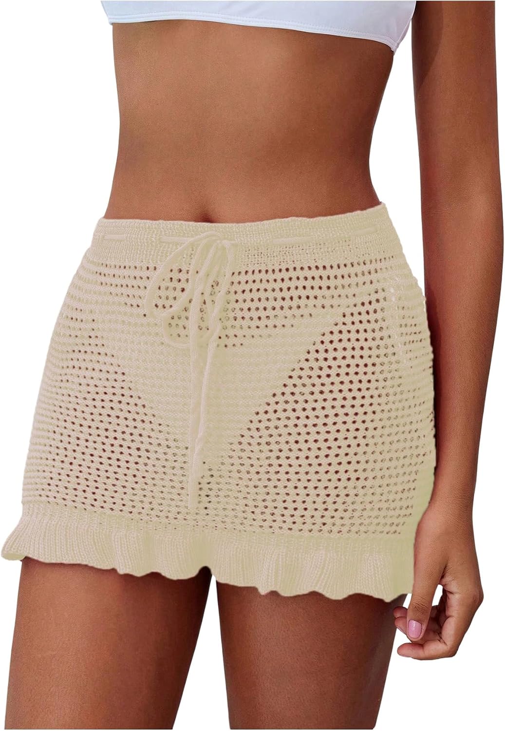 Milumia Women's Crochet Cover Up Hollow Tie Front Ruffle Beach Mini Skirts Bathing Suit