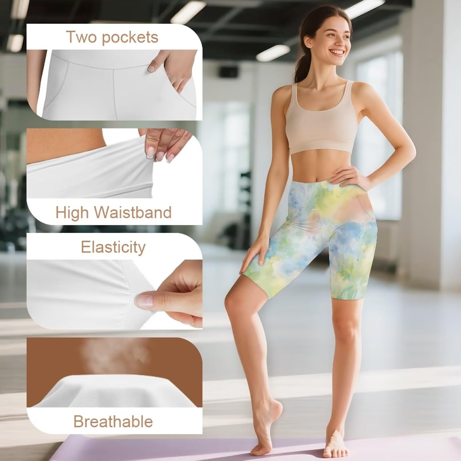 Tie Dye Yoga Shorts with Pockets for Women High Waist Tummy Control Biker Shorts Buttery Soft Breathable Leggings