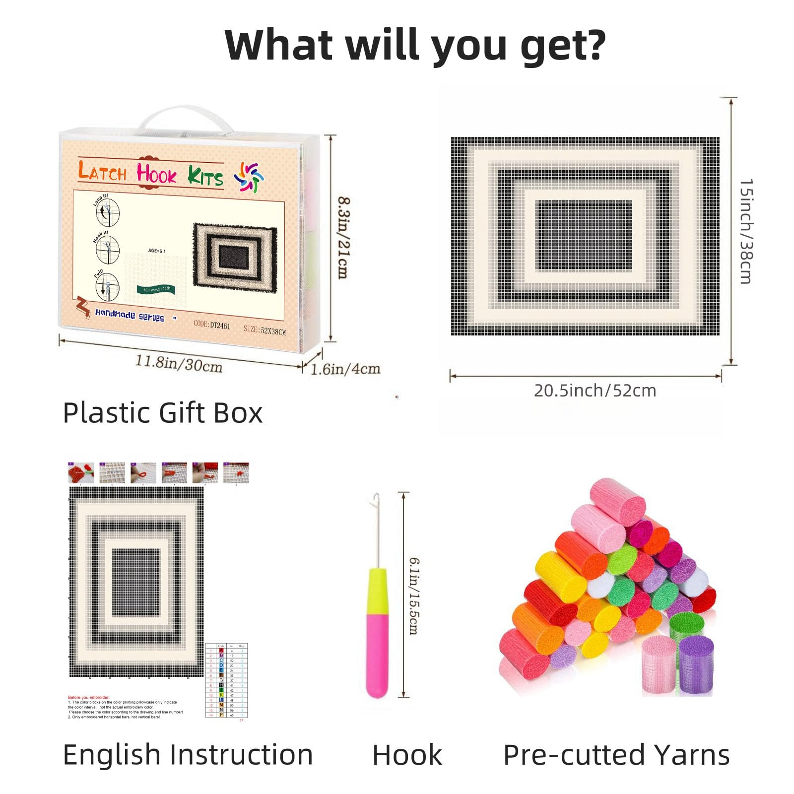 Latch Hook Rug Kit Modern Black and White Geometric Border Pre-Printed Handmade Carpet Crochet Yarn Craft DIY Hook and Latch Door Mat Tapestry for Home Floor Decoration 52x38cm-2