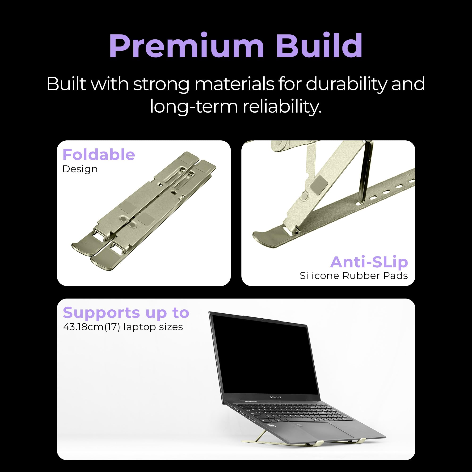 Zebronics NS2000 Plus Laptop Stand, Supports Up to 17-Inch Laptops, 5kg Load Capacity, 7-Level Adjustable Height, Ergonomic Foldable Design, Anti-Slip Silicone Pads (Gun Grey) — Amazon image 3