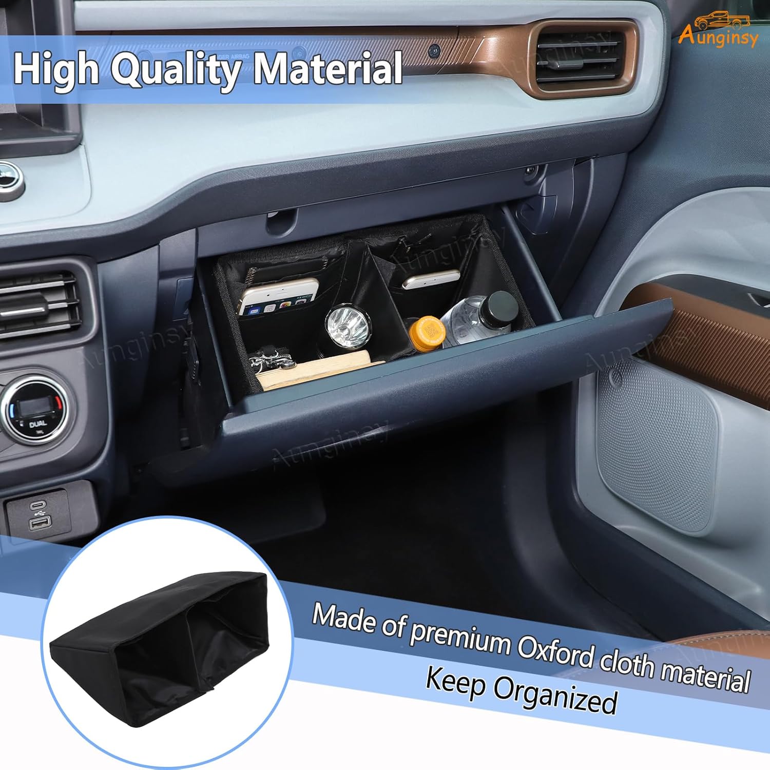 Aunginsy Center Console Glove Box Divider Organizer Compatible with Ford Maverick 2022-2025 Passenger Side Glove Divider Box Storage Bag Compartment Partition Insert Tray Secondary Storage Accessories