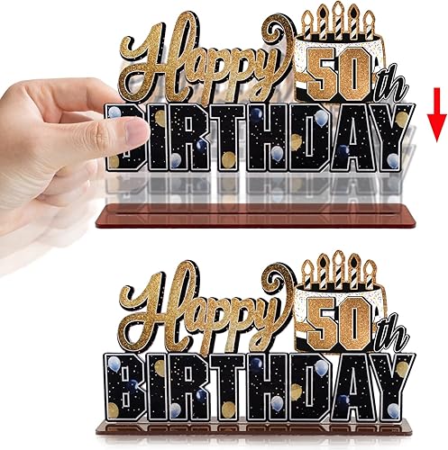 Miniatura 3 de LINGTEER Juego de centros de mesa de acrílico dorado con texto en inglés "Happy 50th Birthday", decoraciones de regalo para fiestas de cumpleaños 50