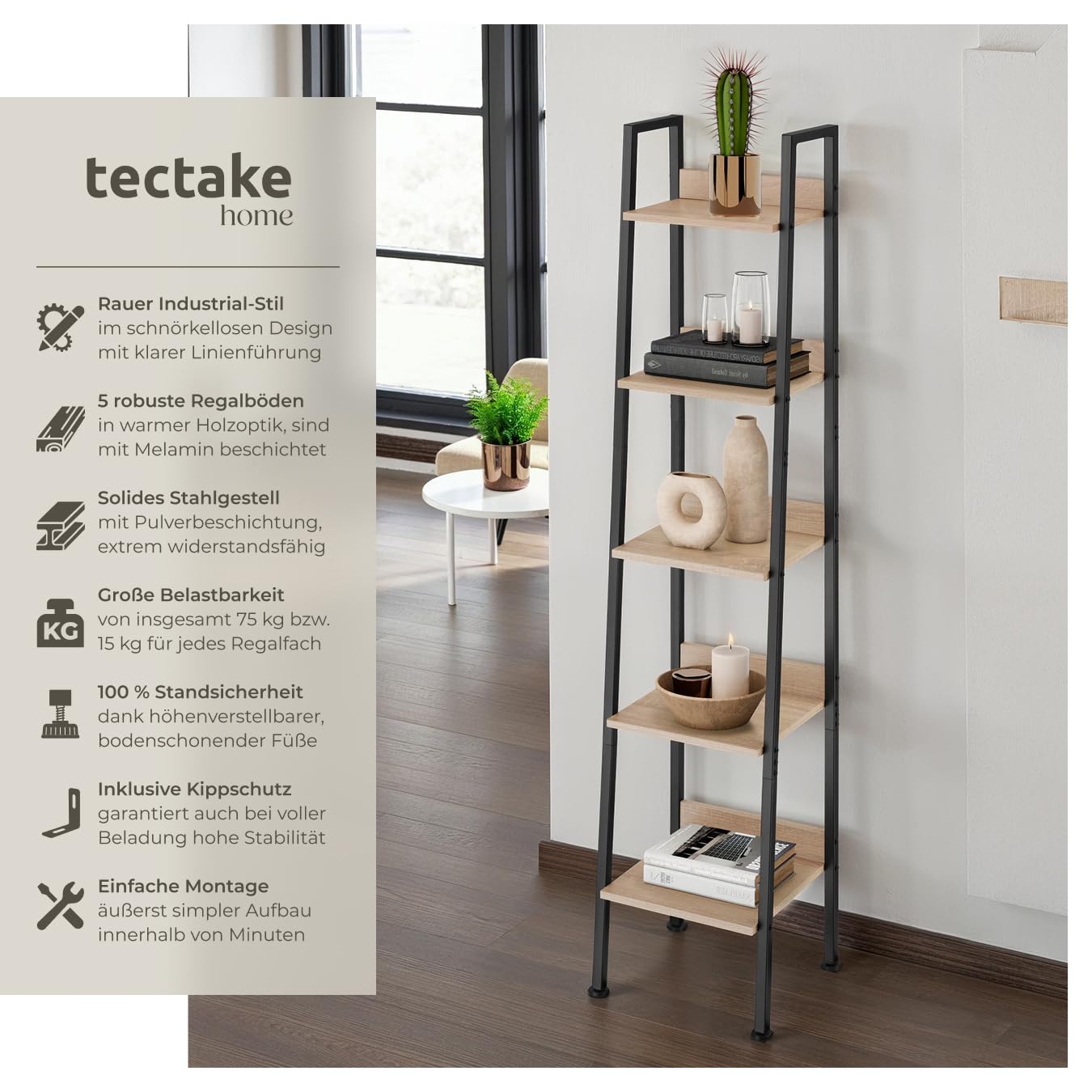 tectake® Leiterregal mit 4/5 Ebenen, schmales Regal, Standregal, Nischenregal, Möbel für Arbeitszimmer, Badezimmer Regal, Bücherregal Wand, 35,5 x 31,5 x 170,5 cm - Industrial Holz hell, Eiche Sonoma