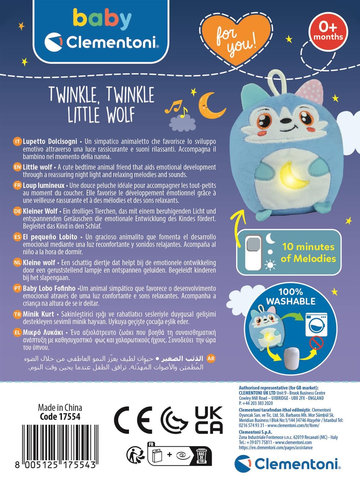 Clementoni Baby for You - Twinkle Twinkle Little Wolf, lampka nocna dla dzieci, 0-miesięczna gra dla dzieci +, wilk z kojącymi światłami i dźwiękami, wsparcie dla spokojnego snu, 17554